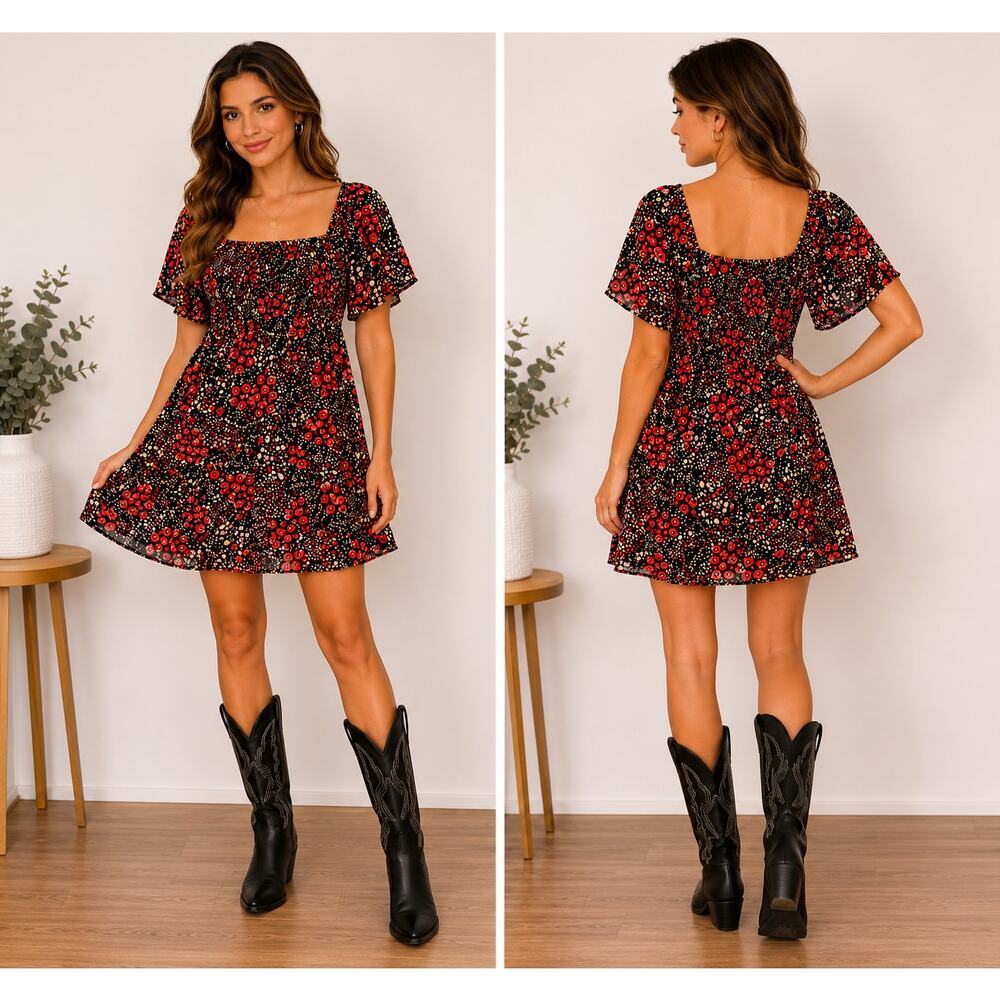 All In Favor Floral Smocked Peasant Dress Medium Black Red Boho Mini